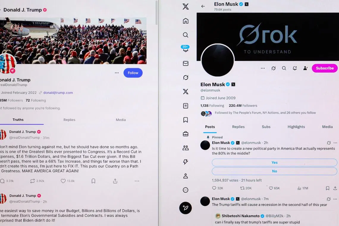 U.S. President Donald Trump's Truth Social account and Elon Musk's X account are seen side by side in this illustration photo taken in New York City, U.S., on June 5, 2025. REUTERS/Brendan McDermid/Illustration