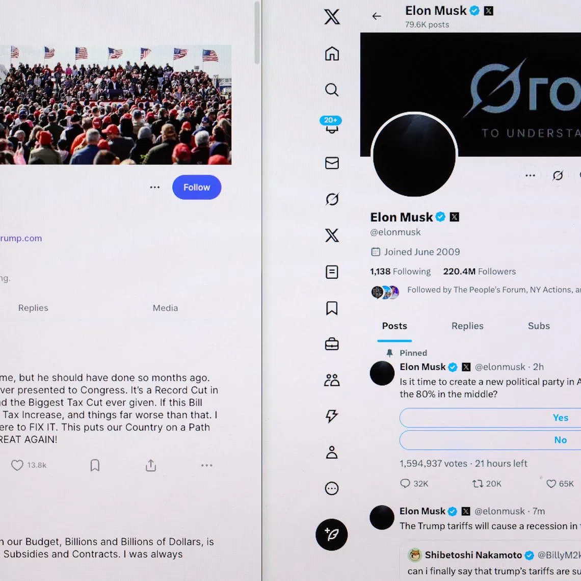 U.S. President Donald Trump's Truth Social account and Elon Musk's X account are seen side by side in this illustration photo taken in New York City, U.S., on June 5, 2025. REUTERS/Brendan McDermid/Illustration