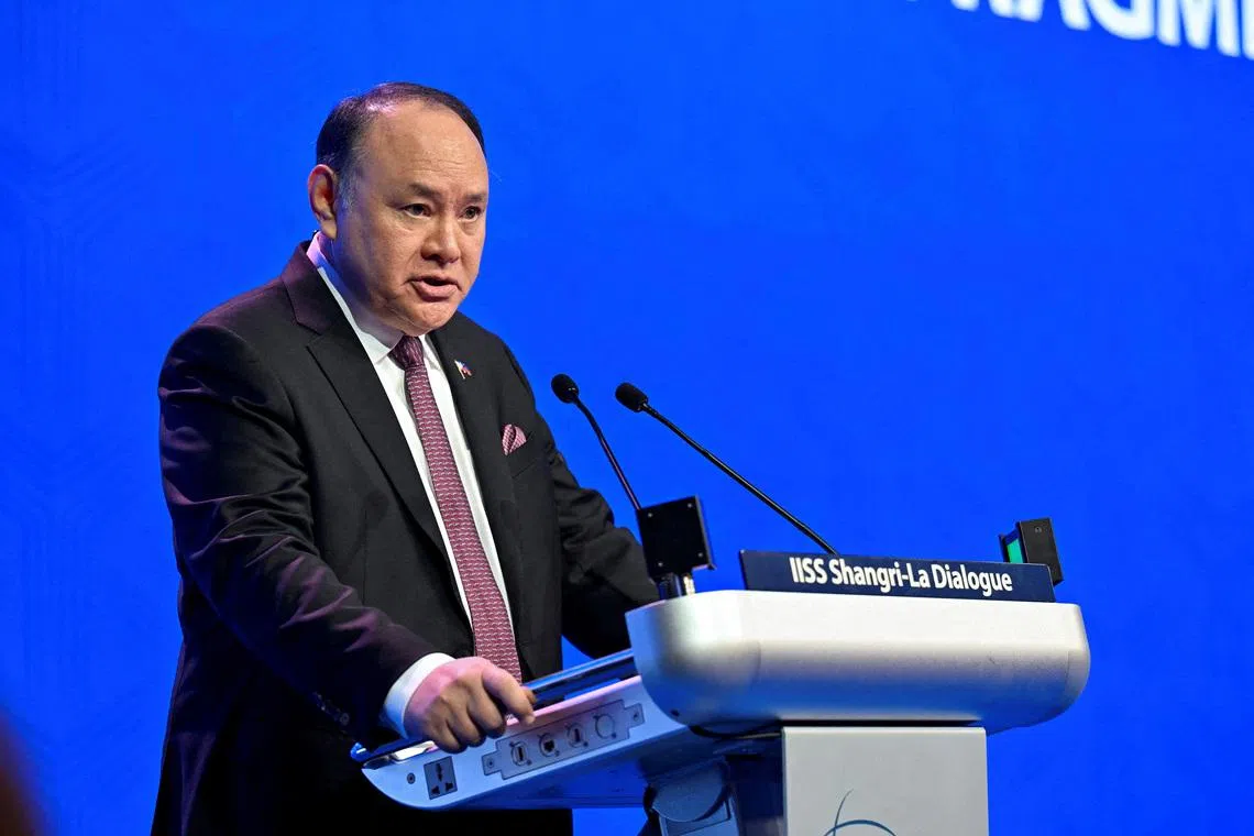 FILE PHOTO: Philippines' Defence Secretary Gilberto Teodoro Jr speaks at the IISS Shangri-La Dialogue security summit in Singapore, May 31, 2026. REUTERS/Caroline Chia/File Photo